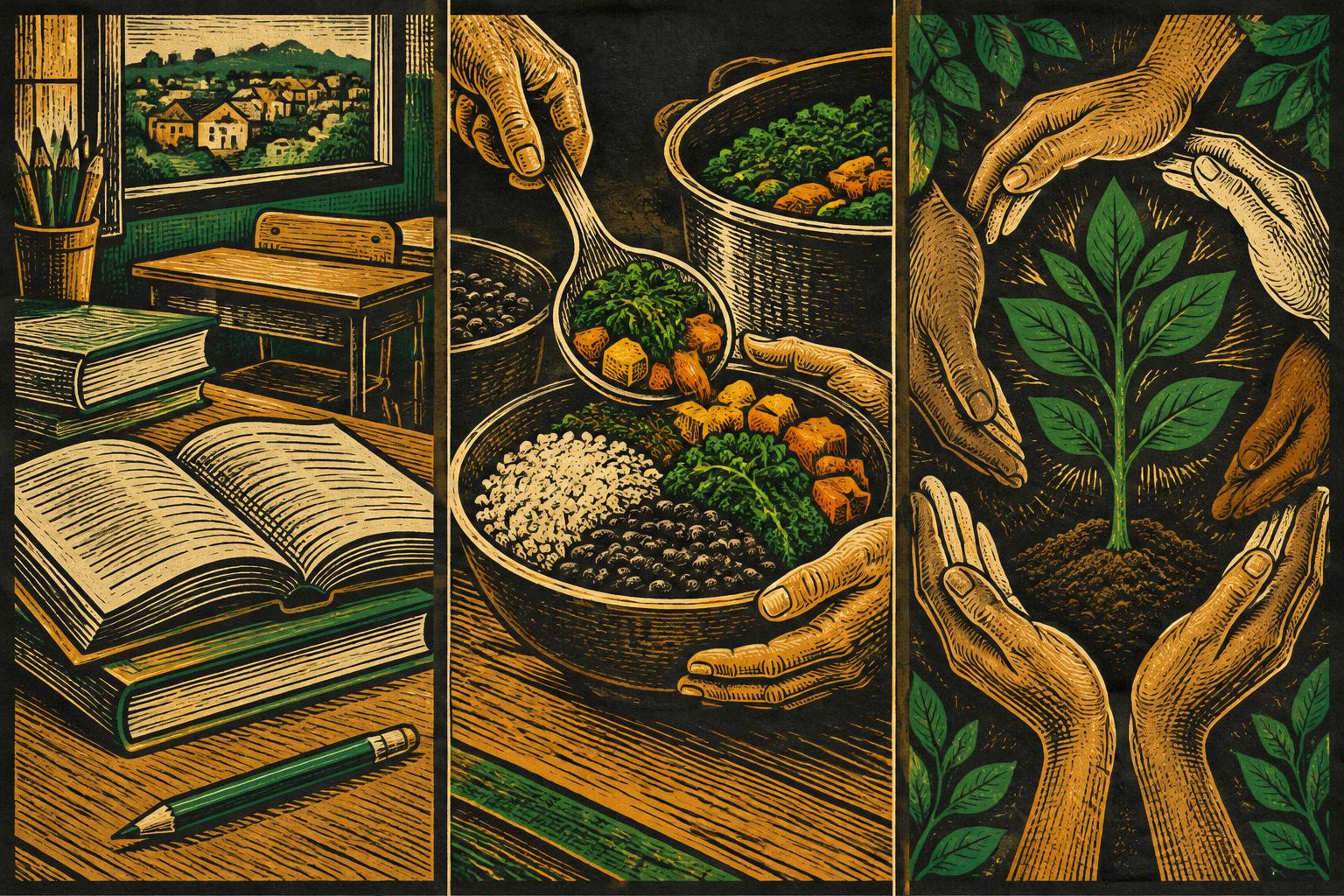 Gravura de livros, alimentação e mãos cuidando de uma planta