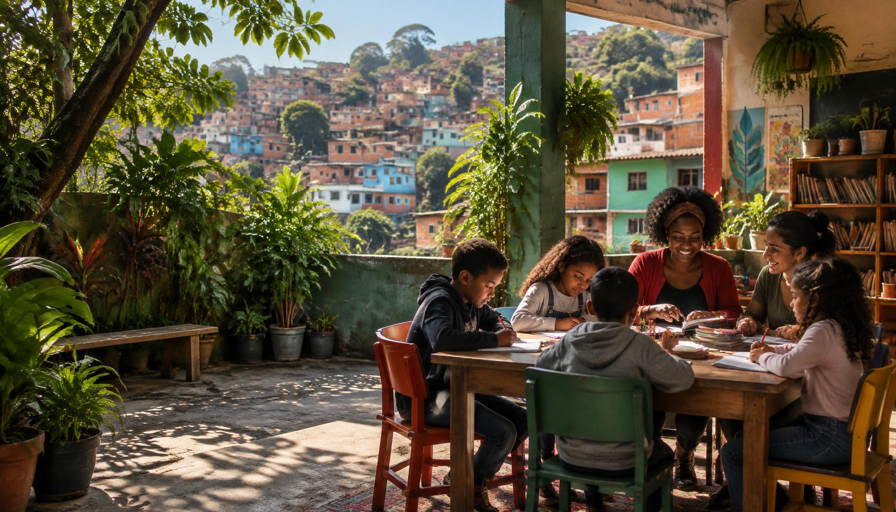 Ilustração de educadoras e crianças em uma atividade de aprendizagem, inspirada na Zona Leste de São Paulo